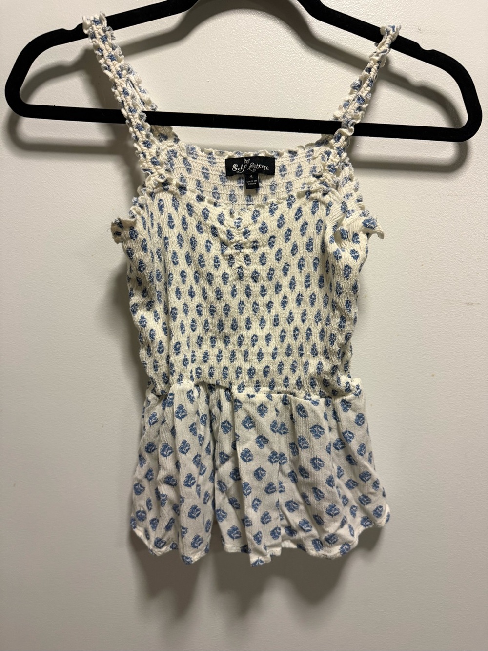 Self Esteem Cream & Blue Printed Smocked Peplum Camisole